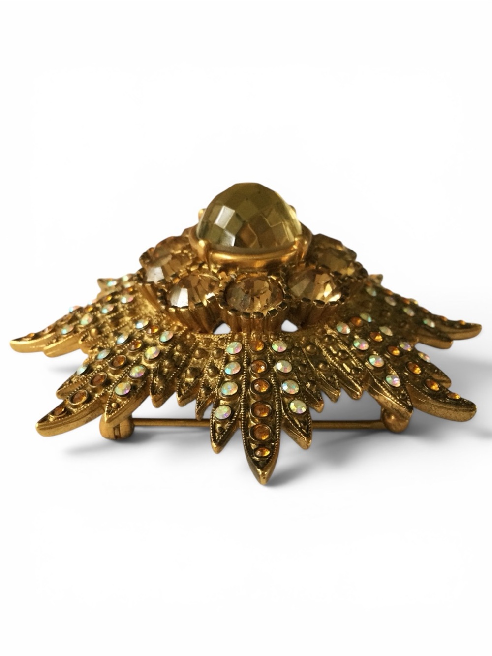 Vintage Joan Rivers Signed Starburst Brooch w/ Citrine, Amber & AB Rhinestones - Picture 10 of 13